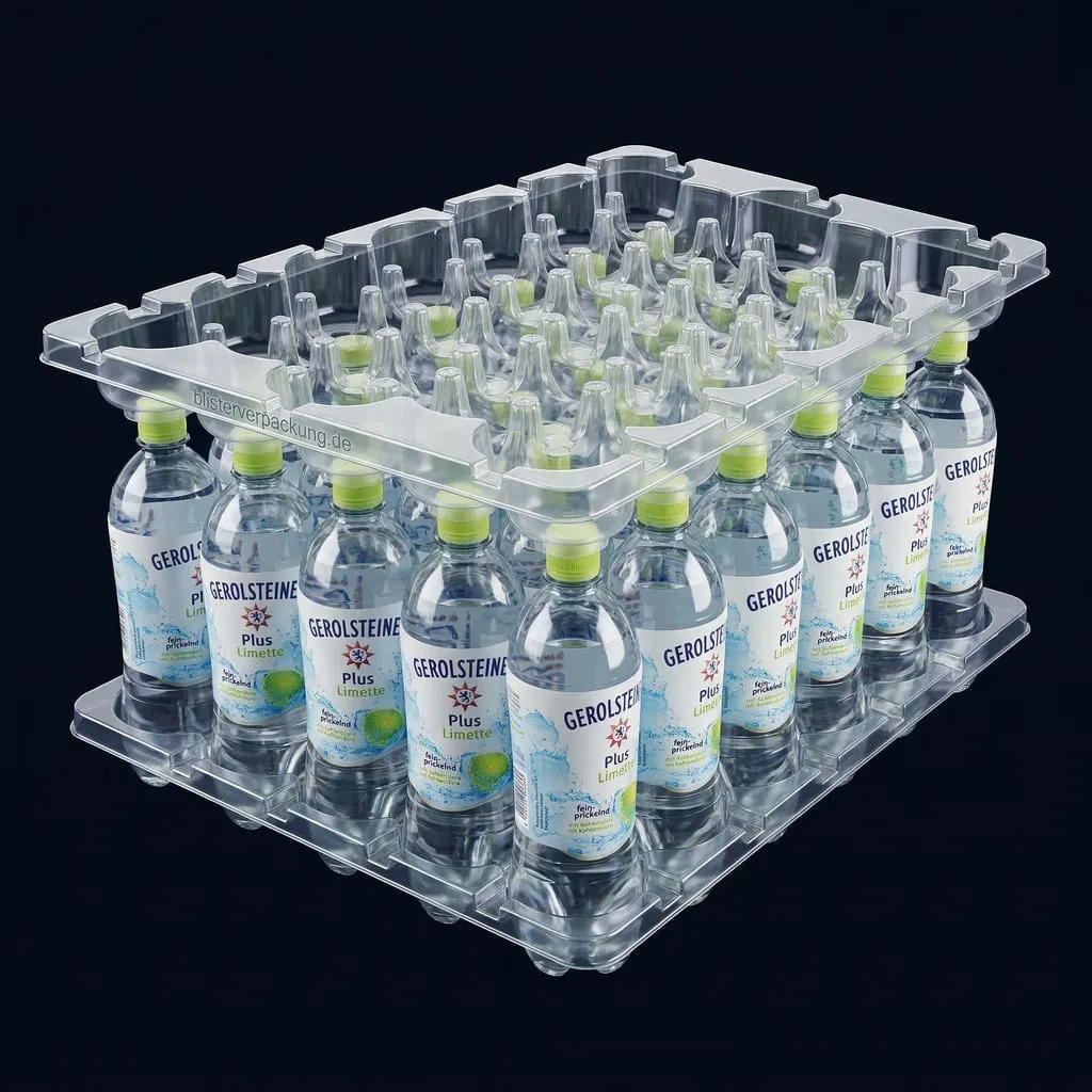 Plateau boissons PET transparent auto-empilable — Scafa Thermoforming